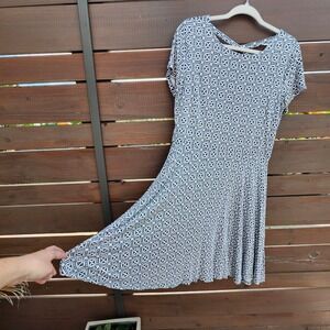 LOFT‎ Knit Fit & Flare Dress Navy White Geometric Print Size 8